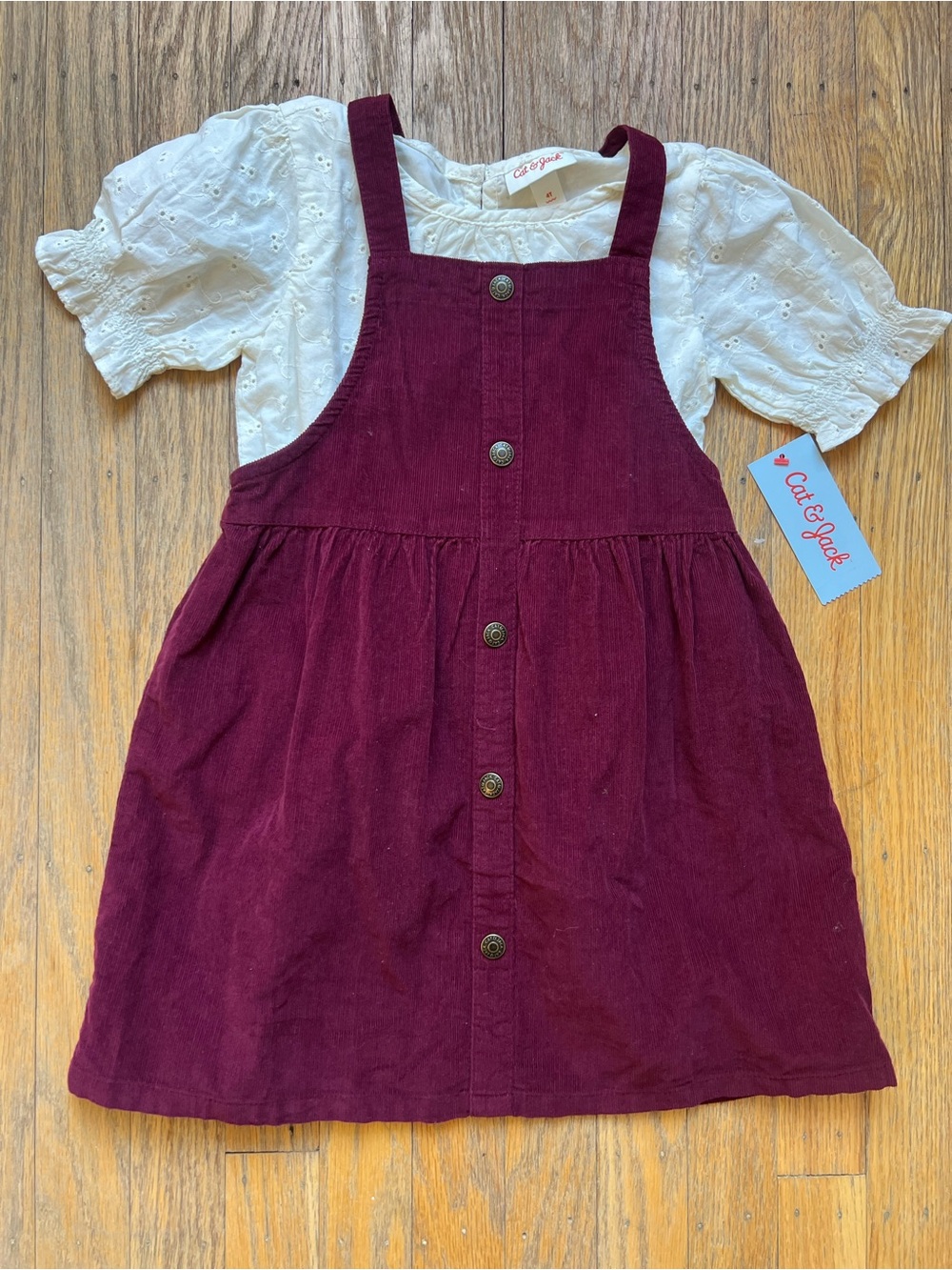 Cat & Jack Burgundy Corduroy Pinafore with White Eyelet Top Set
